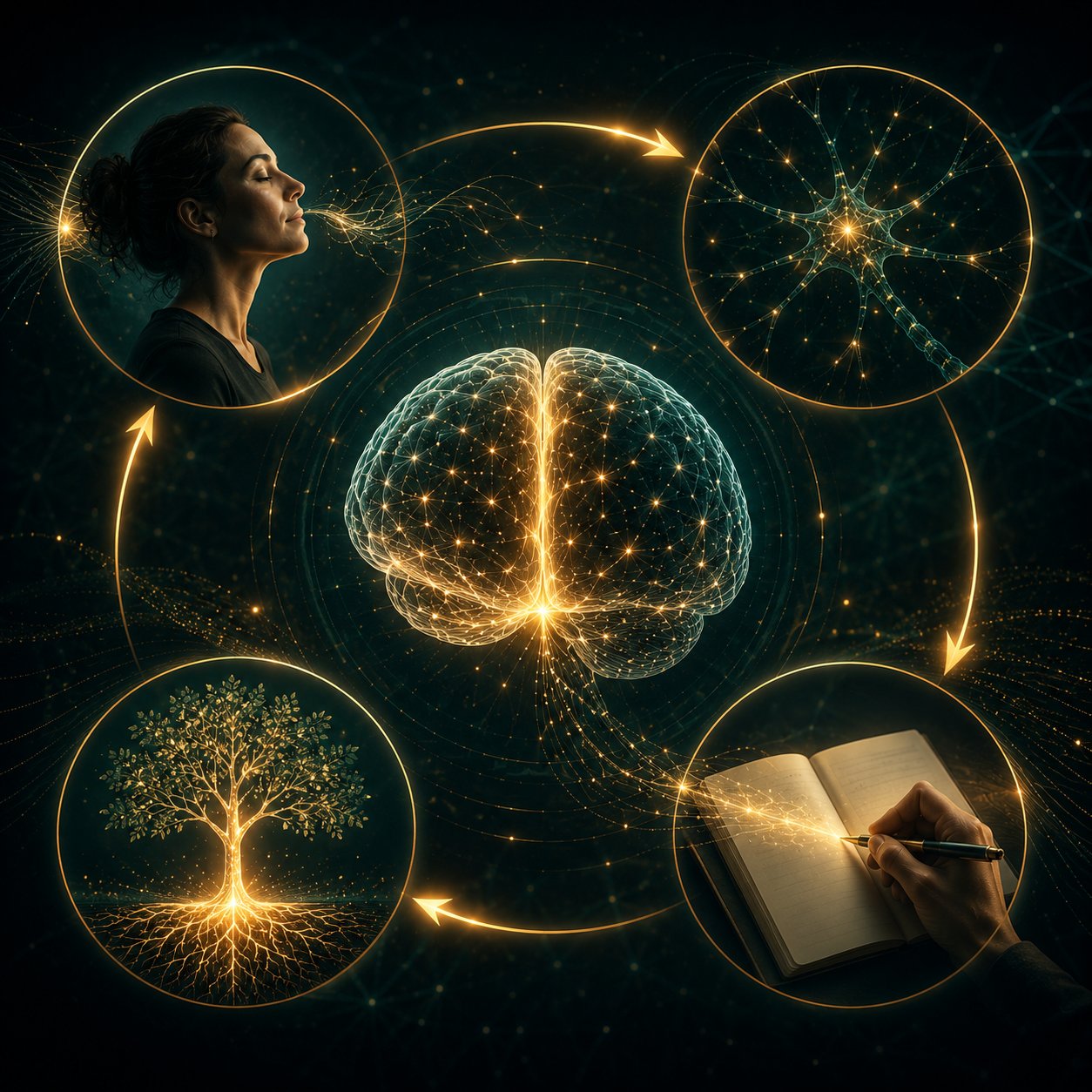 Arte do ciclo C.R.E.R.: respiração, neurônio, escrita e árvore enraizada ao redor de um cérebro iluminado