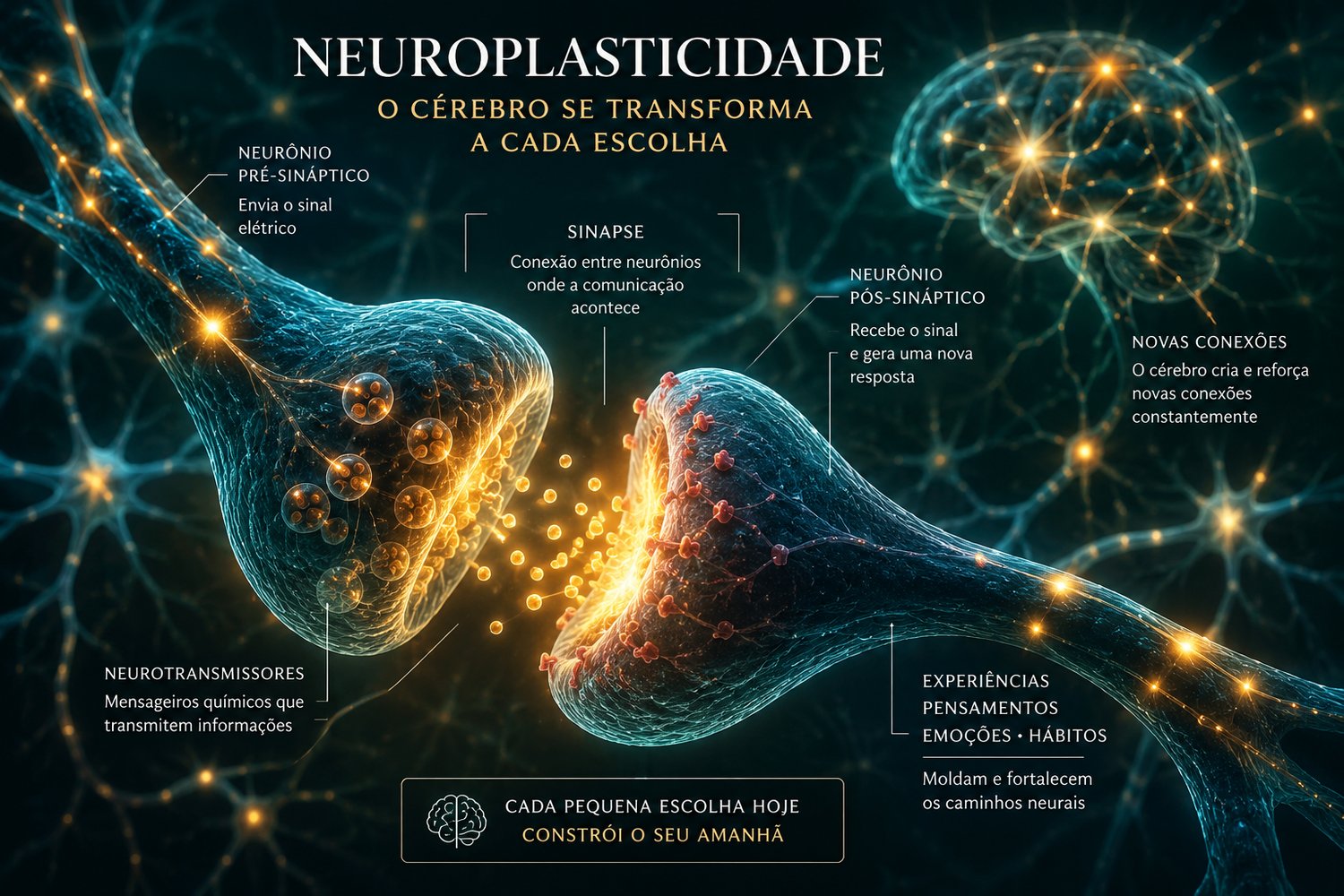Infográfico de neuroplasticidade: o cérebro se transforma a cada escolha, mostrando neurônios, sinapse e neurotransmissores
